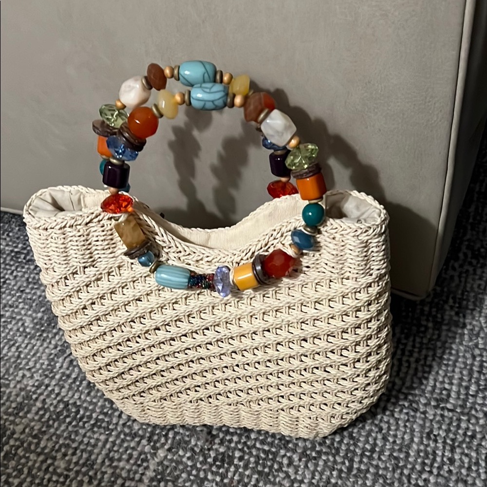 Beaded Handle Cream Woven Bag